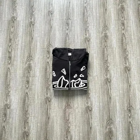 Black Zip-Up Hoodie with White Abstract Design