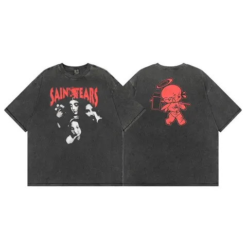 Saint Tears Black T-Shirt with Red Graphic Print