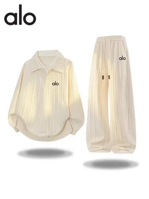 alo Cream Ribbed Polo Shirt and Pants Set