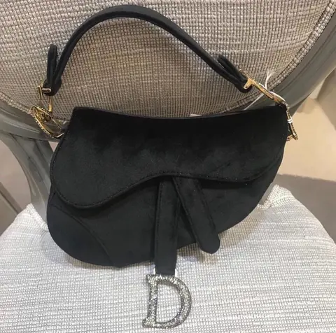 Dior Saddle Bag Black Velvet with Crystal D Logo
