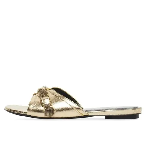 Gold Metallic Slide Sandals with Decorative Buckle