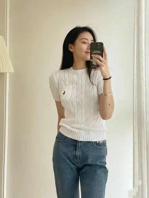 White Cable Knit Short Sleeve Sweater with Pocket