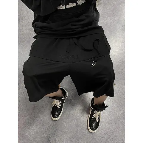 Black Mesh Drawstring Shorts with Side Zip Pocket