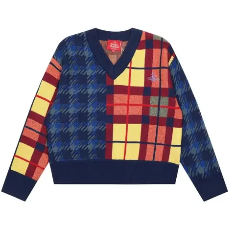 Vivienne Westwood Multi-Color Plaid V-Neck Sweater