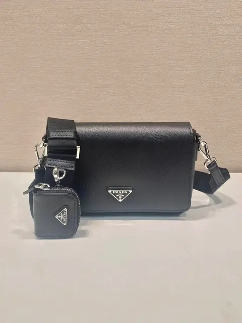 Prada Black Saffiano Leather Crossbody Bag with Detachable Pouch