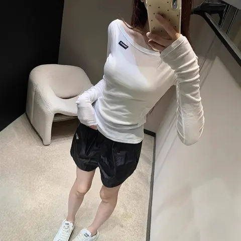 White Long Sleeve Fitted Top with Logo Patch