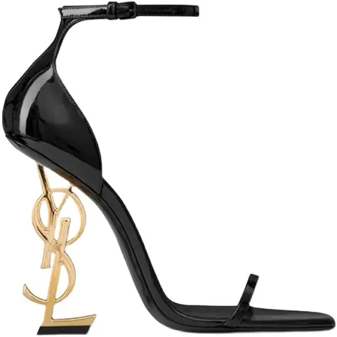 Saint Laurent Black Patent Leather Ankle Strap Heels with Gold YSL Logo Heel