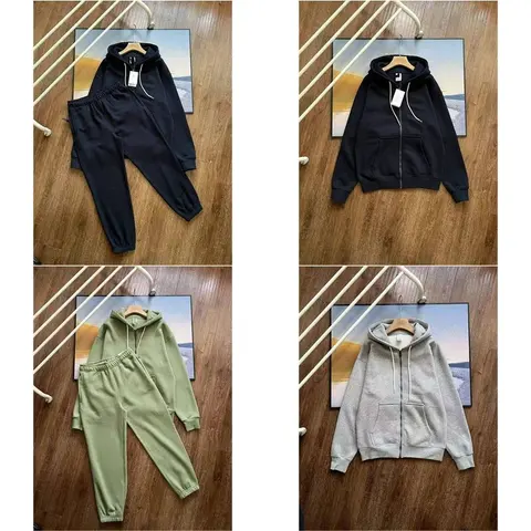 Casual Hoodie and Jogger Set in Black, Green, and Gray