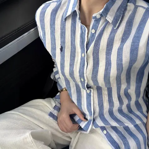 Blue and White Striped Linen Button-Up Shirt