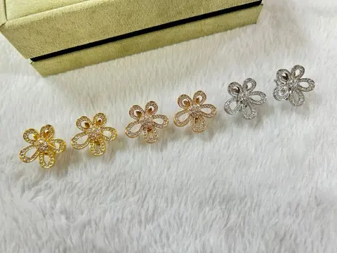 Flower Stud Earrings Set - Gold and Silver Tone with Crystal Accents