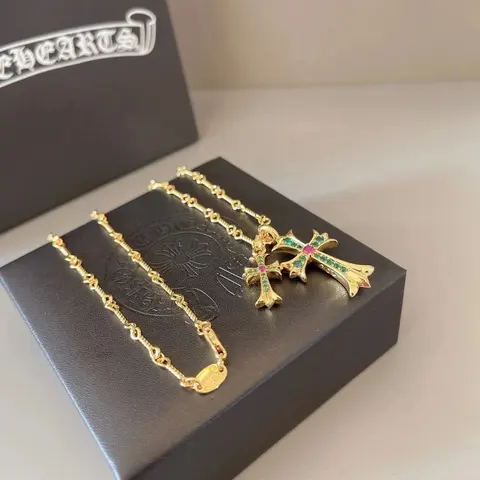 Chicarts Gold Cross Pendant Necklace with Emerald and Ruby Accents