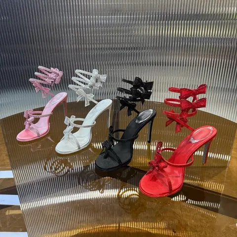 Bow-Adorned Strappy Heels in Pink, White, Black, and Red