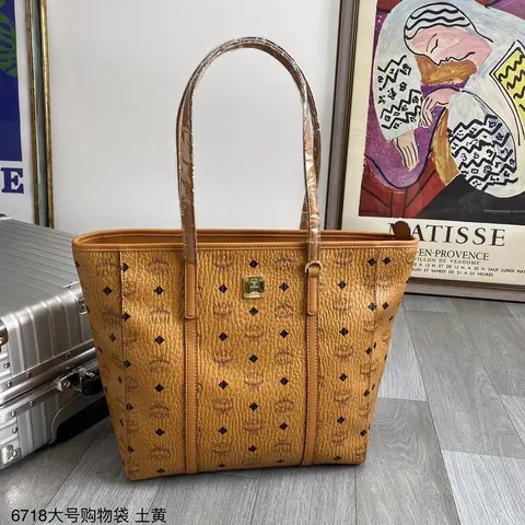MCM Large Tote Bag in Tan with Monogram Pattern