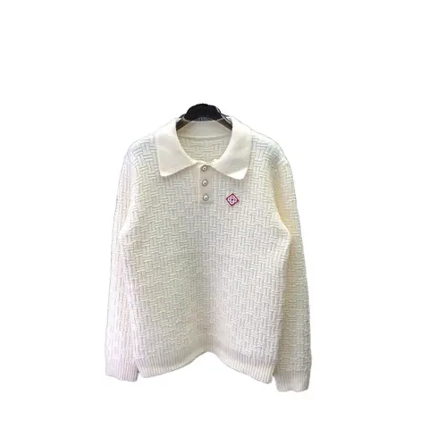 White Knit Polo Sweater with Embroidered Logo