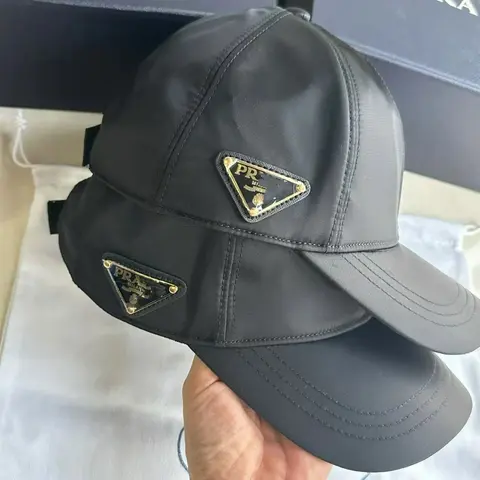 Prada Black Nylon Baseball Cap with Gold Triangular Logo