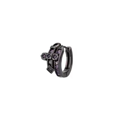 Black Huggie Hoop Earring with Purple Gemstone Cross Design