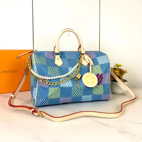 Louis Vuitton Blue Checkered Speedy Bag with Pearl Chain