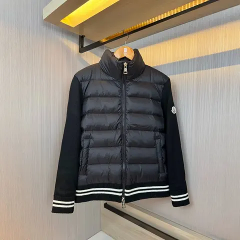 Moncler Black Quilted Down Jacket with Knit Sleeves