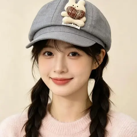 Gray Beret Hat with Cute Bunny Love Patch