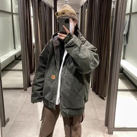 Olive Green Hooded Denim Jacket with Zipper and Pockets