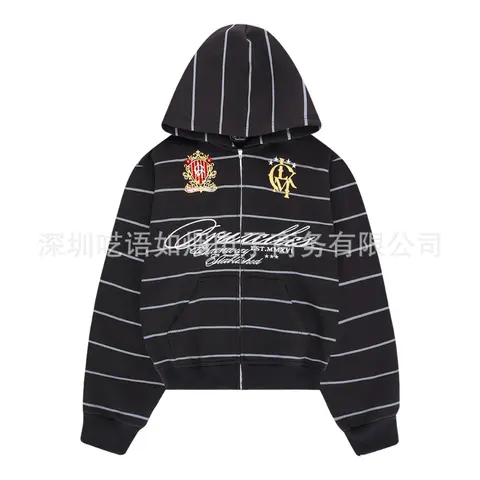 Black Striped Hoodie with Embroidered Logo and Signature Design