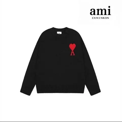 AMI Paris Black Knit Sweater with Red Heart Logo