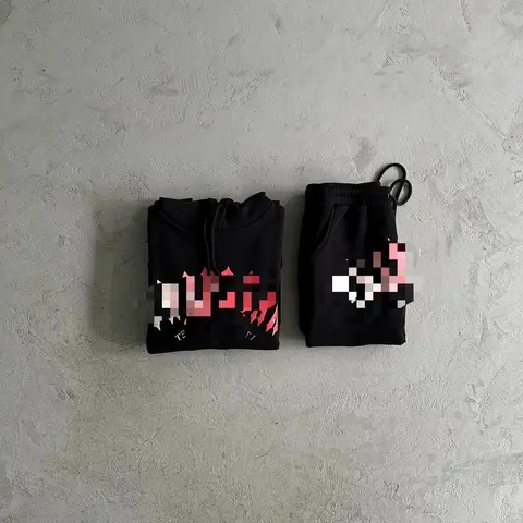 Black Hoodie and Sweatpants Set with Graphic Print