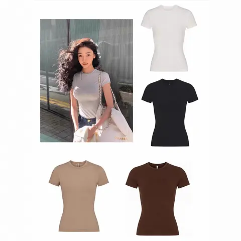 Basic Fitted Short Sleeve T-Shirt - White, Black, Beige, Brown