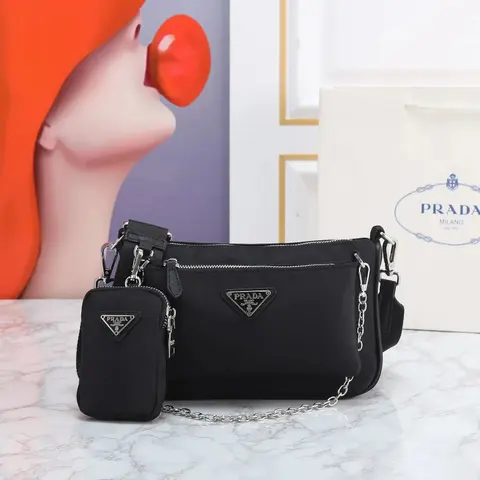 Prada Black Nylon Crossbody Bag with Chain Strap and Matching Pouch