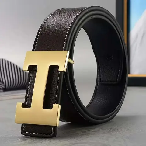 Black Leather Belt with Gold-Tone H-Buckle