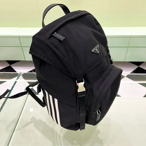 Prada Black Nylon Backpack with Adidas Stripe Detail