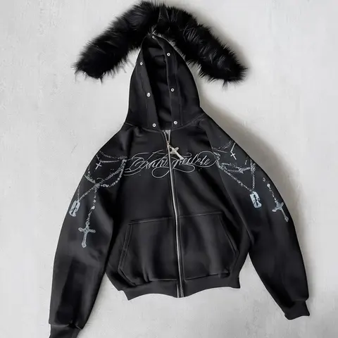 Fairy Kei Black Hoodie with Fur Trim and Cross Chain Design