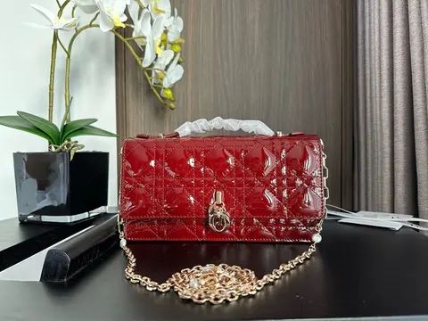 Christian Dior Lady Dior Red Patent Leather Quilted Shoulder Bag