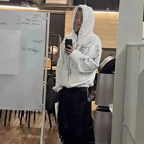 White Printed Hoodie with Drawstring Hem