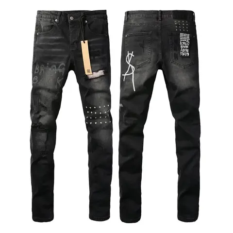 Black Ripped Jeans with Graphic Patches and Brand Tag