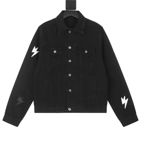 Black Denim Jacket with Lightning Bolt Patches