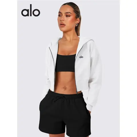 alo White Cropped Hoodie with Black Shorts Set