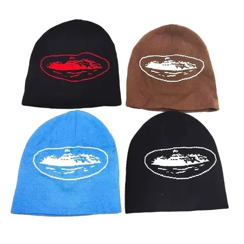 Four-Piece Knit Beanie Set with Island Logo Design