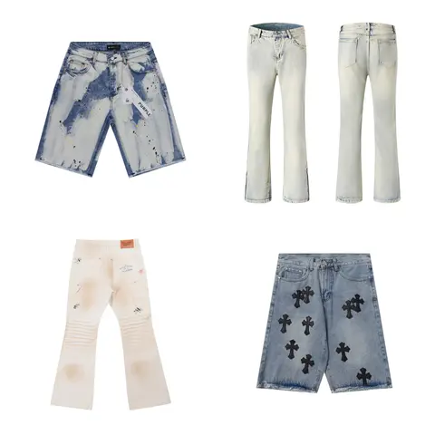 Denim Collection Featuring Paint-Splattered Shorts, Distressed Flared Jeans, and Cross-Embellished Biker Shorts