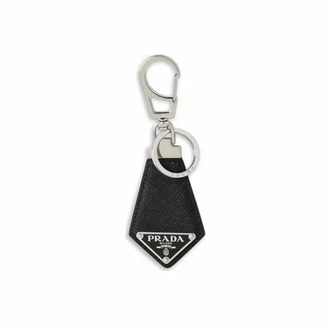 Prada Black Leather Keychain with Metal Logo Plate