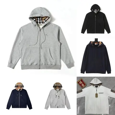 Burberry Check Lined Hooded Zip-Up Sweatshirts