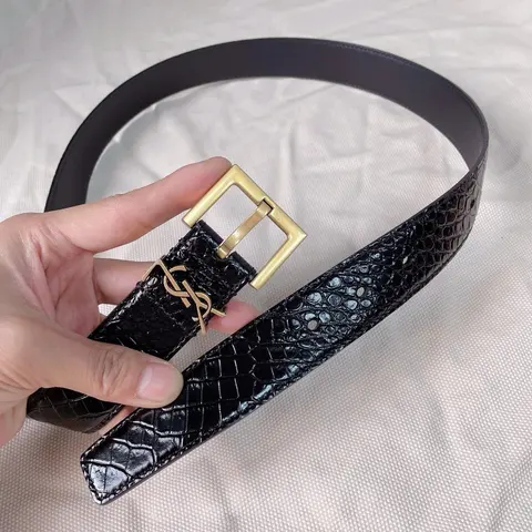 Saint Laurent Black Crocodile-Embossed Leather Belt with Gold-tone Buckle