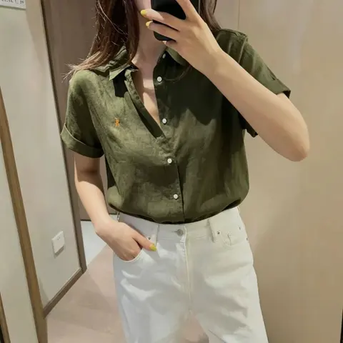 Olive Green Short Sleeve Button-Up Shirt with Polo Logo
