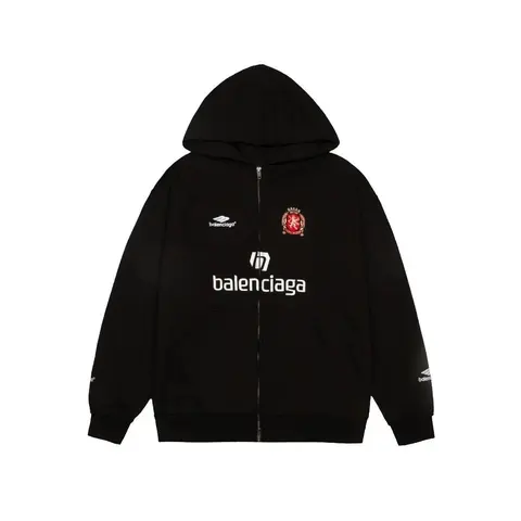 Balenciaga Black Zip-Up Hoodie with Logo and Crest