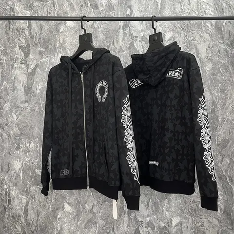 Black Patterned Hoodie with White Embroidery and Logo