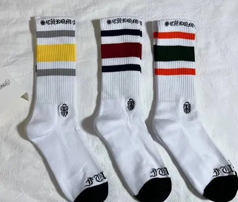 DUA Socks - White Crew Socks with Colorful Stripes and Logo