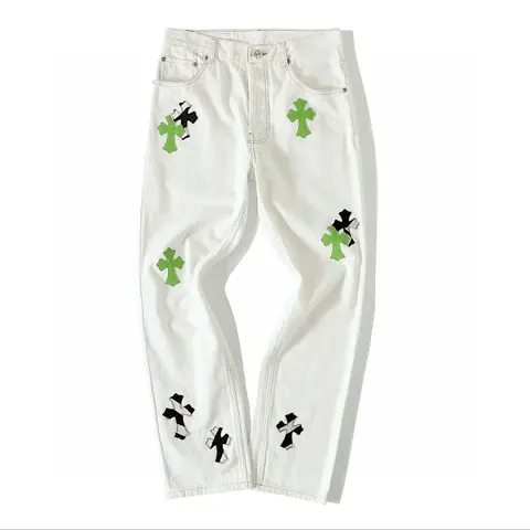White Denim Jeans with Green and Black Cross Patches