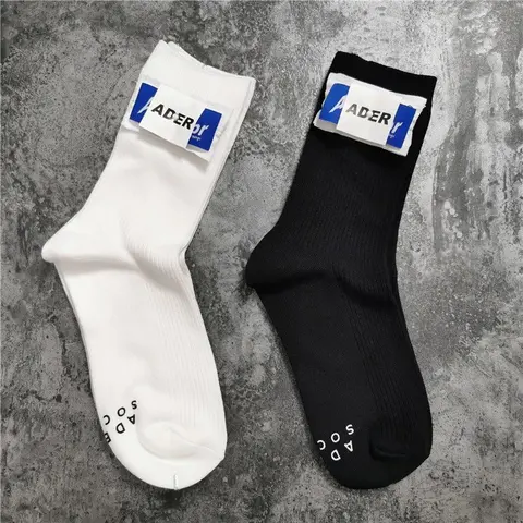 Cotton Mid-Calf Socks with Orange Label Embroidery, College Style