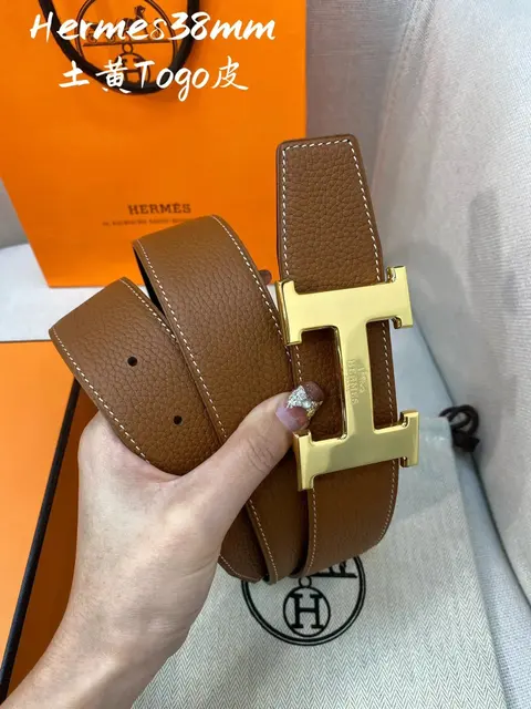 Hermès 38mm Togo Leather Belt in Earth Yellow with Gold H Buckle