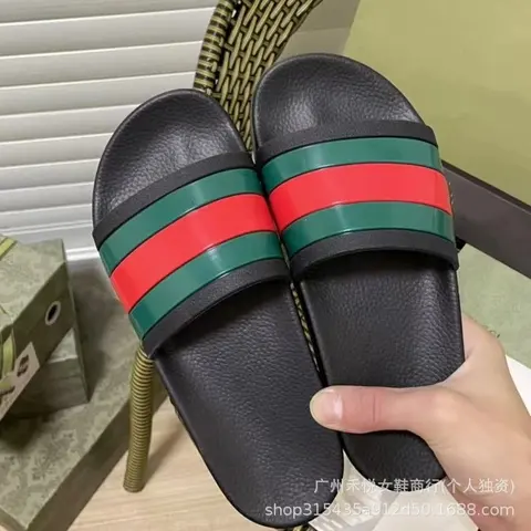 Gucci-Style Black Slide Sandals with Red and Green Stripes